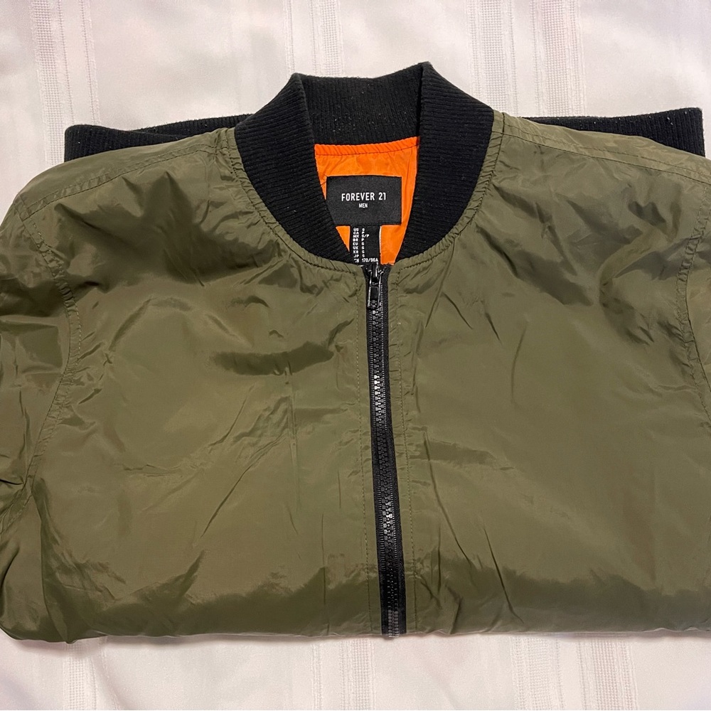 Forever 21 Olive Bomber Jacket with Black Trim